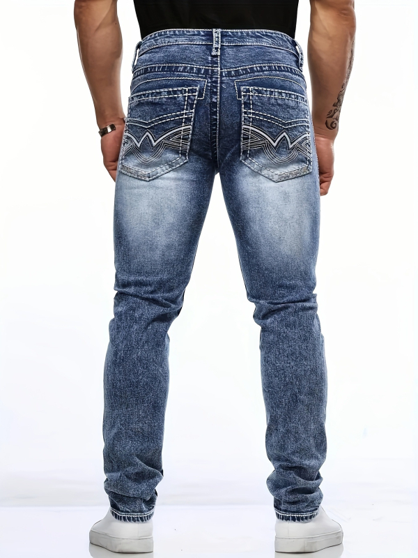 Jeanși bărbați talie medie, croială dreaptă, denim din bumbac, microelasticitate, fermoar, spălare cu piatră, detalii brodate