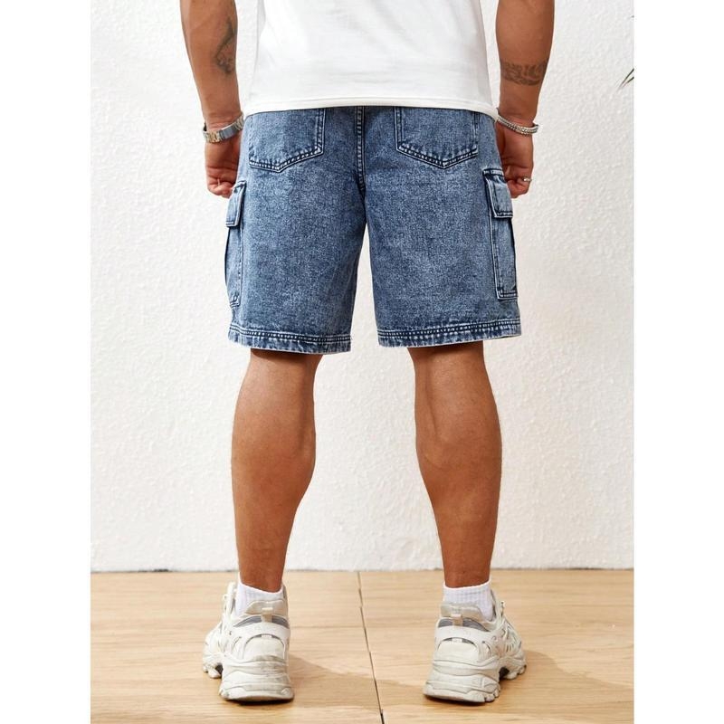 Мъжки измит карго дънкови къси панталони, свободен крой, дължина девет десети, памук (CVC), ретро стил