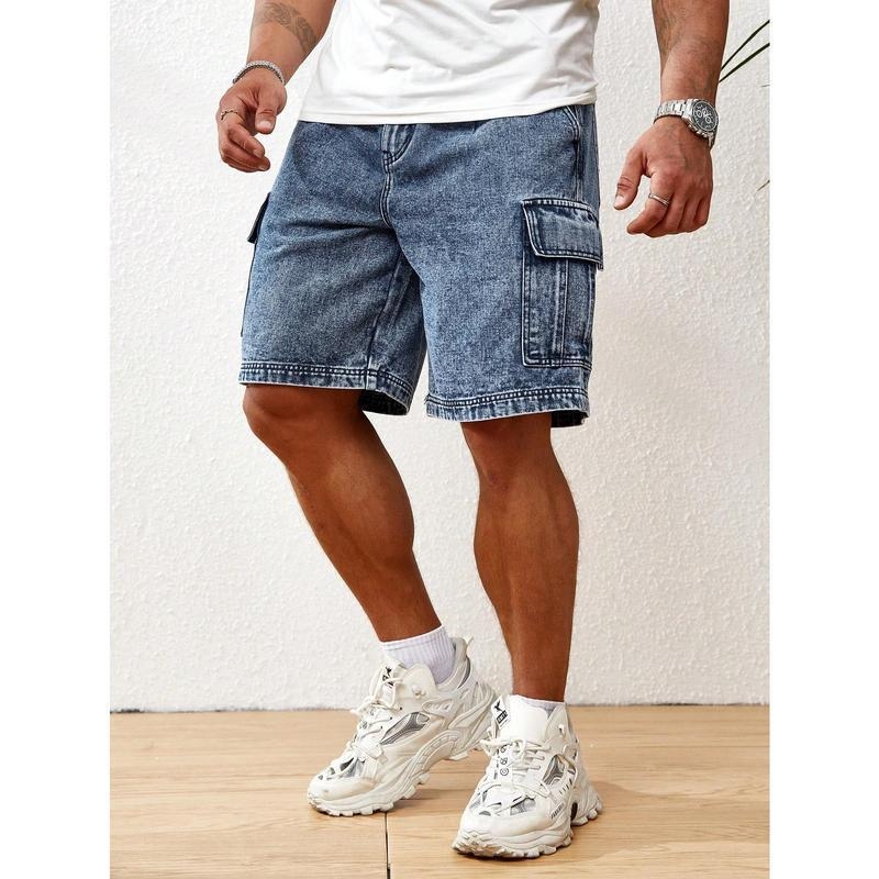 Мъжки измит карго дънкови къси панталони, свободен крой, дължина девет десети, памук (CVC), ретро стил