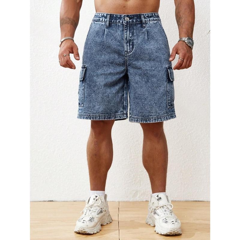 Мъжки измит карго дънкови къси панталони, свободен крой, дължина девет десети, памук (CVC), ретро стил