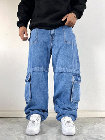 Мъжки дънки с широки крака, ежедневни, памучен деним, талия средна, цип