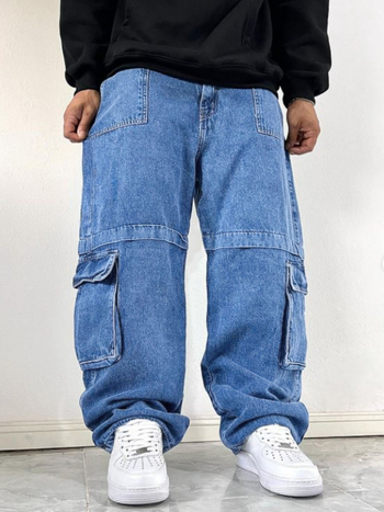 Мъжки дънки с широки крака, ежедневни, памучен деним, талия средна, цип