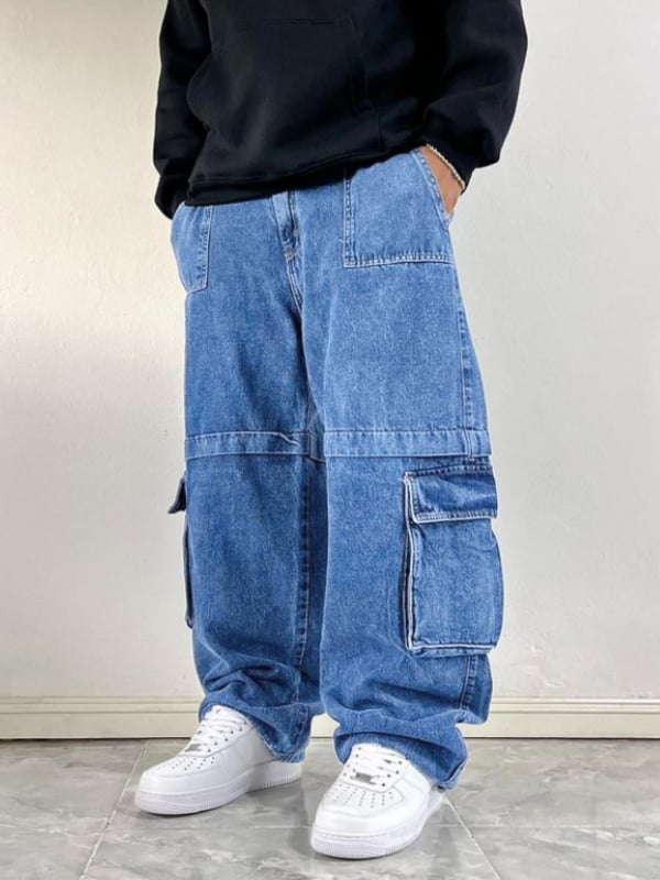 Мъжки дънки с широки крака, ежедневни, памучен деним, талия средна, цип