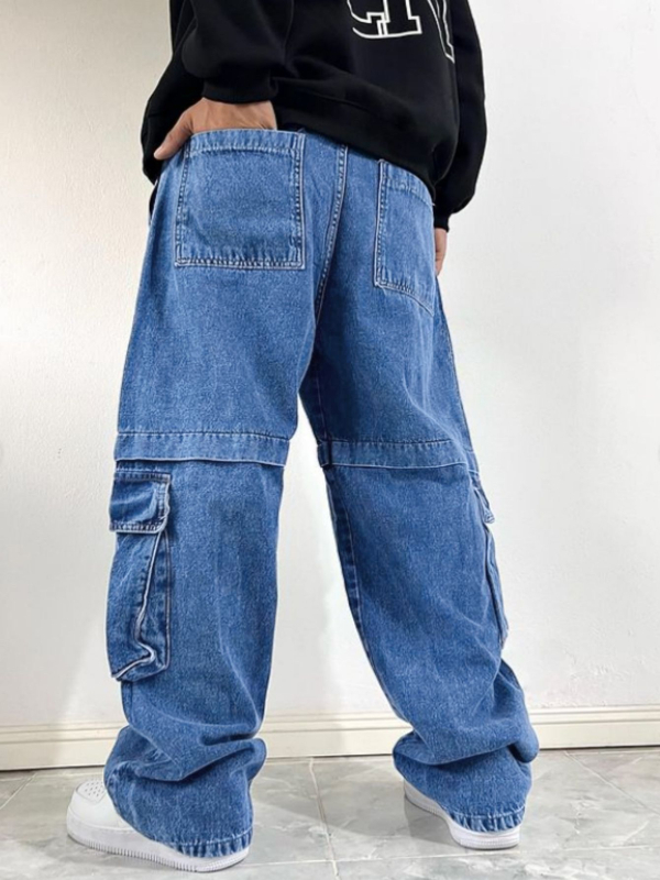 Мъжки дънки с широки крака, ежедневни, памучен деним, талия средна, цип