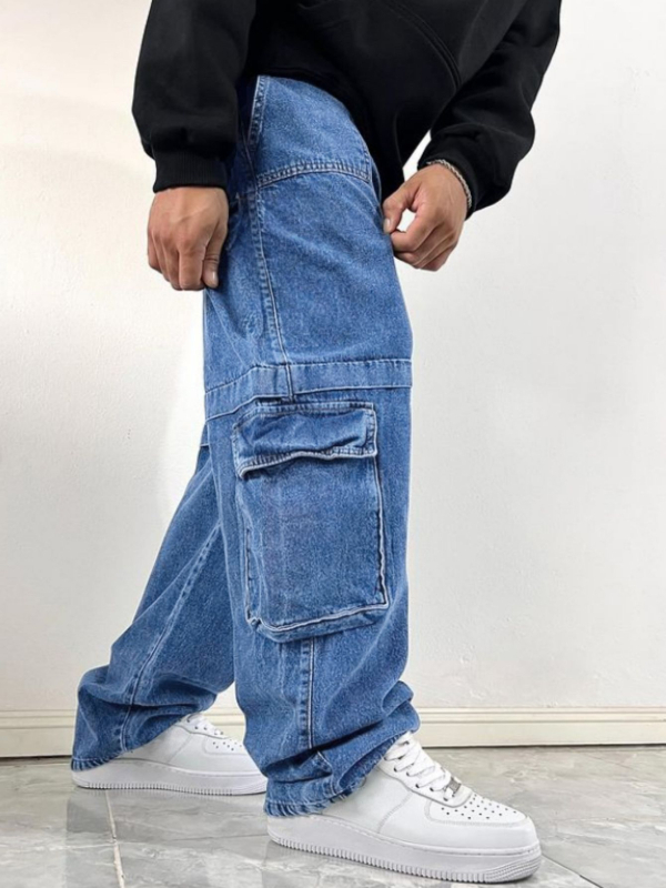 Мъжки дънки с широки крака, ежедневни, памучен деним, талия средна, цип