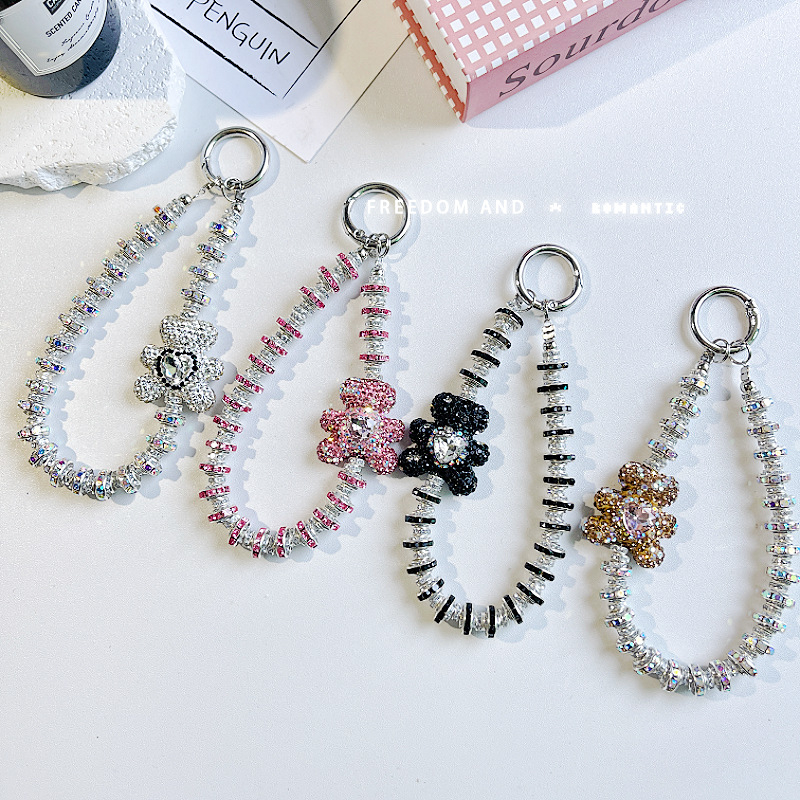 Lanyard pentru telefon cu urs diamant, scurt, lucrat manual, stil feminin