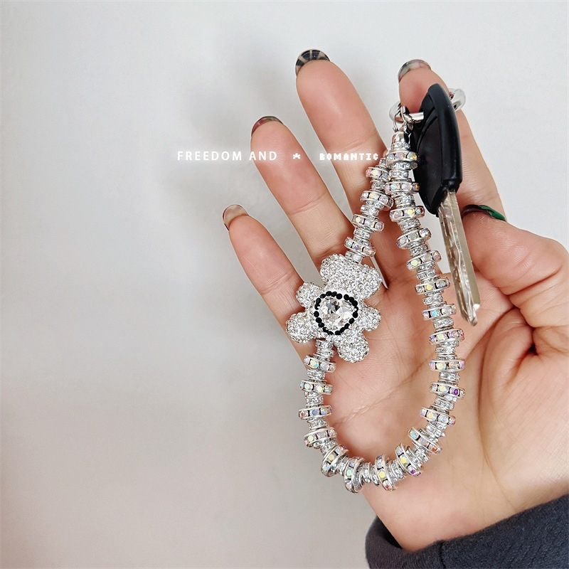 Lanyard pentru telefon cu urs diamant, scurt, lucrat manual, stil feminin