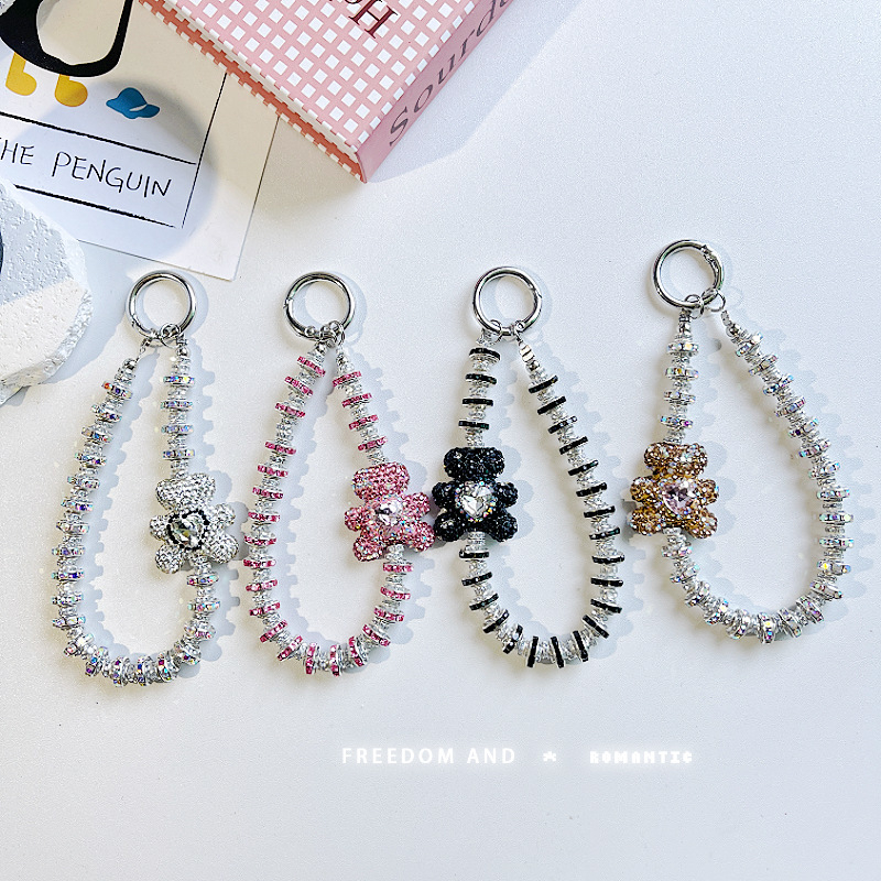 Lanyard pentru telefon cu urs diamant, scurt, lucrat manual, stil feminin