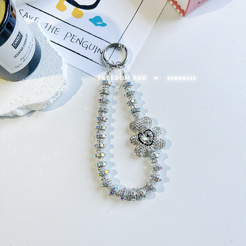 Lanyard pentru telefon cu urs diamant, scurt, lucrat manual, stil feminin