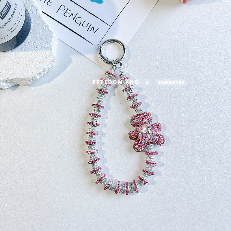 Lanyard pentru telefon cu urs diamant, scurt, lucrat manual, stil feminin