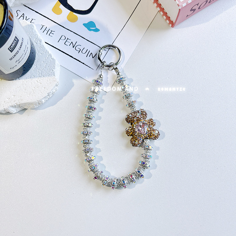 Lanyard pentru telefon cu urs diamant, scurt, lucrat manual, stil feminin