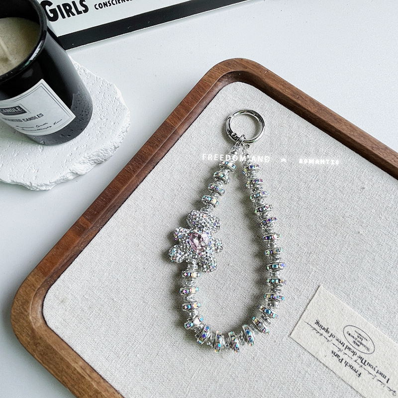 Lanyard pentru telefon cu urs diamant, scurt, lucrat manual, stil feminin