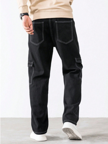 Дънки за мъже в стил японски работни облекла, свободна кройка, къс крачол, средна талия, цип за закопчаване (70–80% памук)