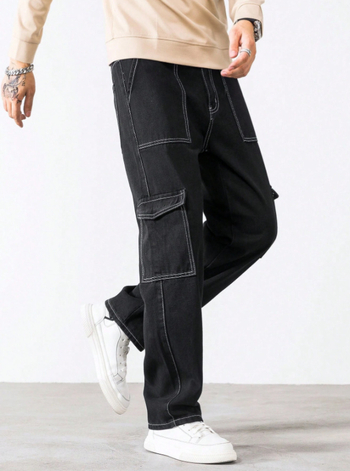 Дънки за мъже в стил японски работни облекла, свободна кройка, къс крачол, средна талия, цип за закопчаване (70–80% памук)