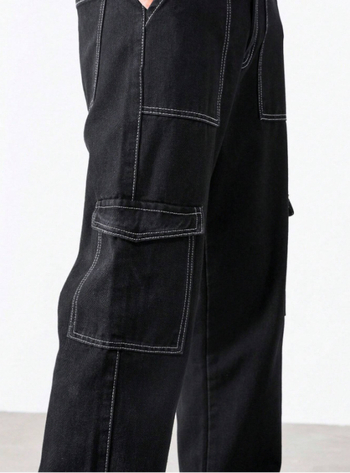 Дънки за мъже в стил японски работни облекла, свободна кройка, къс крачол, средна талия, цип за закопчаване (70–80% памук)