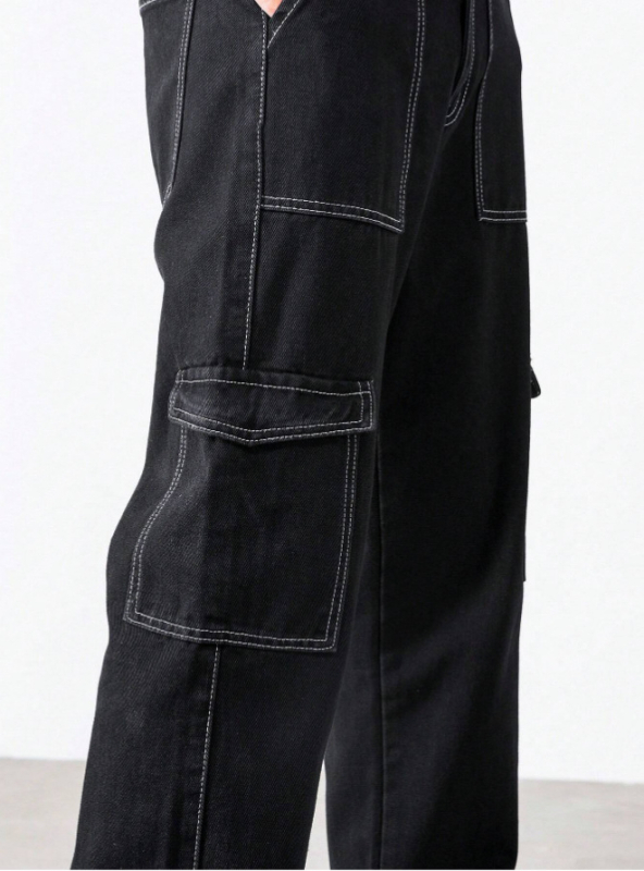 Дънки за мъже в стил японски работни облекла, свободна кройка, къс крачол, средна талия, цип за закопчаване (70–80% памук)