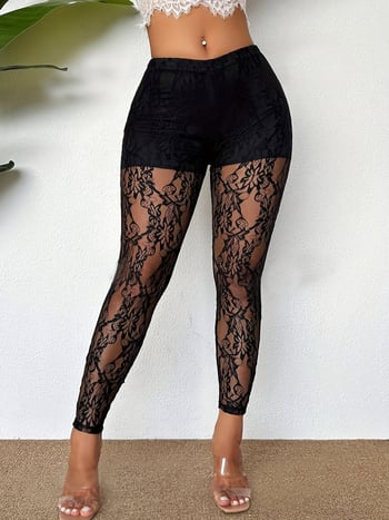 Ženske hlače od čipkaste mreže, uski kroj, poliester, proziran dizajn, proljeće 2024