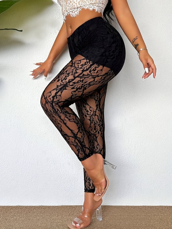 Ženske hlače od čipkaste mreže, uski kroj, poliester, proziran dizajn, proljeće 2024