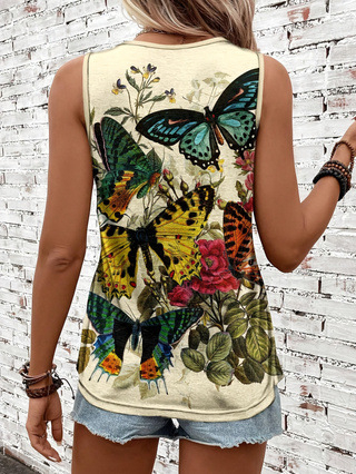 Μπλουζάκι χωρίς μανίκια σε Harajuku στυλ με ψηφιακή εκτύπωση πεταλούδας, πολυεστέρας ≥95%, άνετη γραμμή, στρογγυλός λαιμός, καλοκαίρι 2025