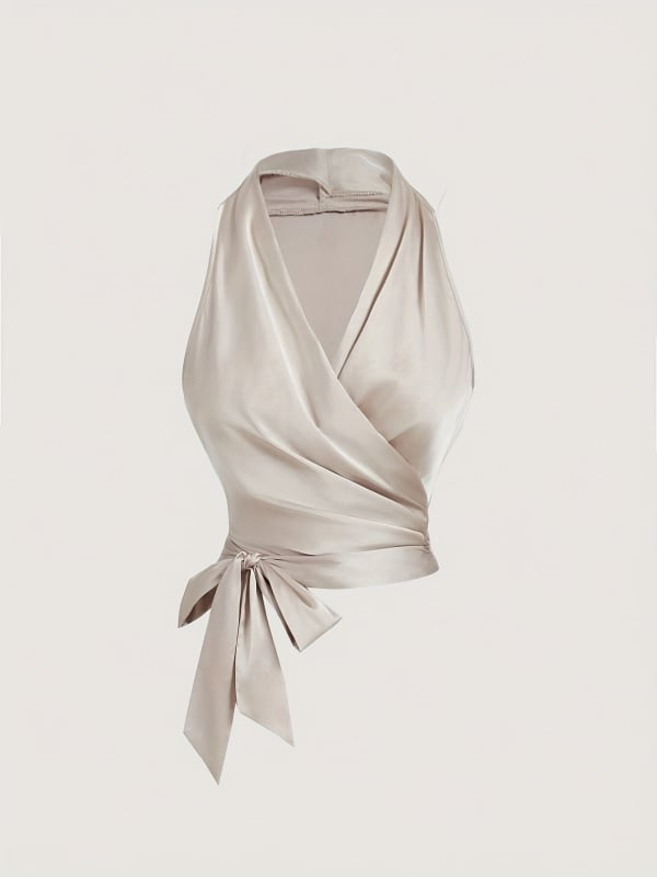 Ženska košulja bez rukava s V izrezom i šavnim vezivanjem sprijeda, jednobojni poliester, Mercerizirani završetak, visok struk