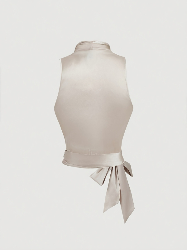 Ženska košulja bez rukava s V izrezom i šavnim vezivanjem sprijeda, jednobojni poliester, Mercerizirani završetak, visok struk