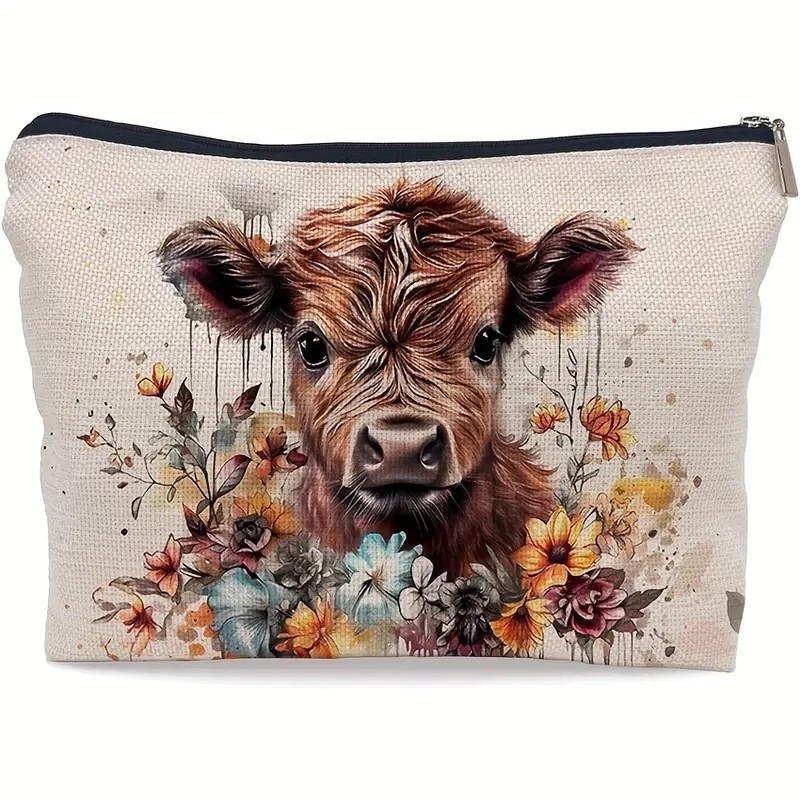 Geantă de machiaj pentru femei – model animal, bumbac și in, rezistentă la apă, căptușeală din poliester, cu fermoar