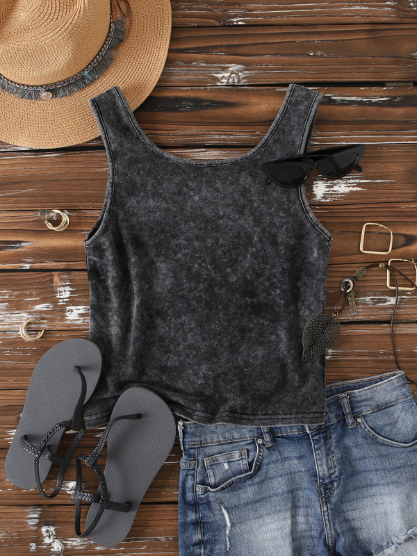 Top dama fără mâneci – 62% bumbac / 38% poliester, imprimeu monocrom cu fulg de zăpadă și litere îndrăznețe, vara 2025