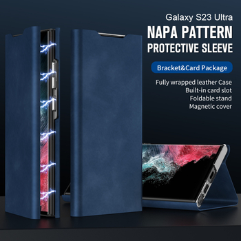 Ādas maksts ar magnētisku aizvērumu Samsung S24/S23 Ultra un S22/S21 Plus, ar kartes nodalījumu, PC+PU, karstā presēšana, šoksizturīgs, magnētiskais pievilkšanās, nodilumizturīgs, krišanas aizsardzība