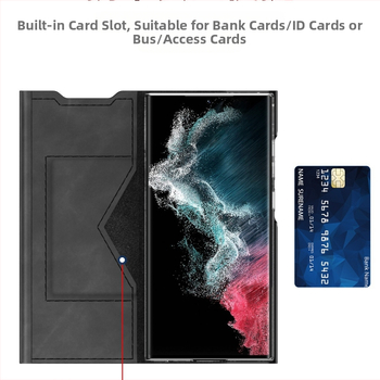 Ādas maksts ar magnētisku aizvērumu Samsung S24/S23 Ultra un S22/S21 Plus, ar kartes nodalījumu, PC+PU, karstā presēšana, šoksizturīgs, magnētiskais pievilkšanās, nodilumizturīgs, krišanas aizsardzība