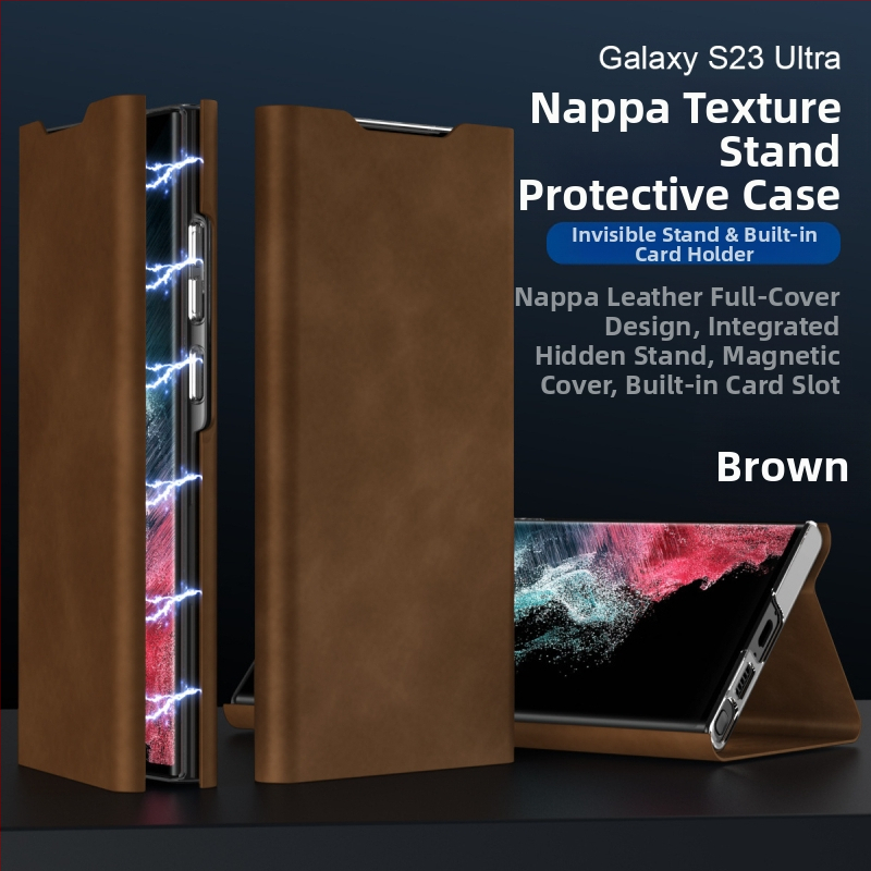 Ādas maksts ar magnētisku aizvērumu Samsung S24/S23 Ultra un S22/S21 Plus, ar kartes nodalījumu, PC+PU, karstā presēšana, šoksizturīgs, magnētiskais pievilkšanās, nodilumizturīgs, krišanas aizsardzība