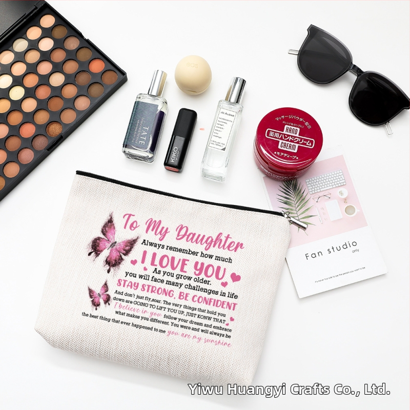 Козметична чанта с принт на пеперуда, водоустойчива материя от памук и лен, цип за затваряне, персонализирано лого чрез термопечат.