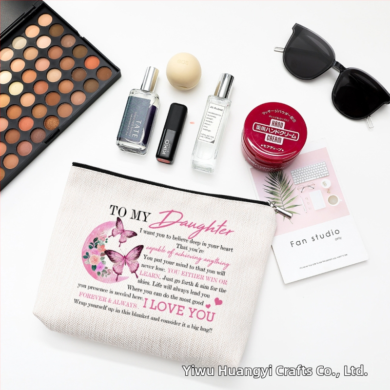 Козметична чанта с принт на пеперуда, водоустойчива материя от памук и лен, цип за затваряне, персонализирано лого чрез термопечат.