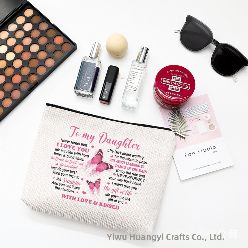 Козметична чанта с принт на пеперуда, водоустойчива материя от памук и лен, цип за затваряне, персонализирано лого чрез термопечат.