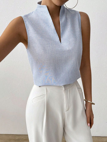 Γυναικείο πουκάμισο χωρίς μανίκια με V-λαιμό, ριγέ, πολυεστέρας με σπαντέξ, casual στυλ