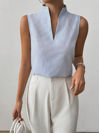 Γυναικείο πουκάμισο χωρίς μανίκια με V-λαιμό, ριγέ, πολυεστέρας με σπαντέξ, casual στυλ