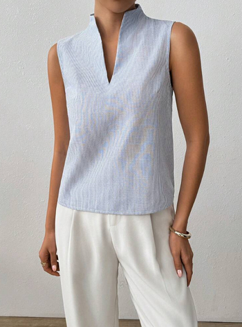 Γυναικείο πουκάμισο χωρίς μανίκια με V-λαιμό, ριγέ, πολυεστέρας με σπαντέξ, casual στυλ