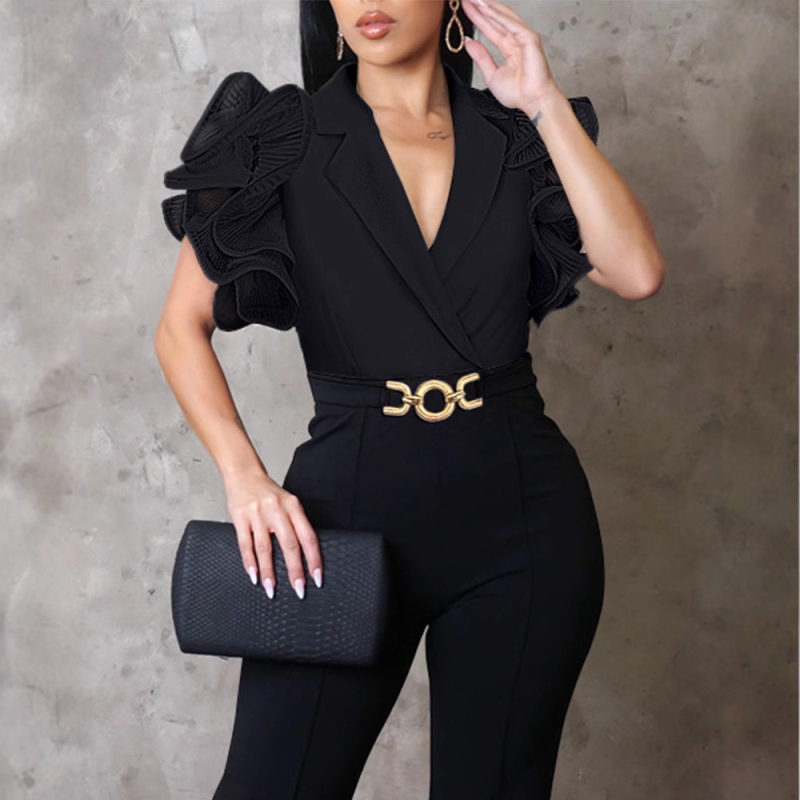 Overál lótuszleveles ujjakkal és gallérral, mintázat, öv tartalmazva