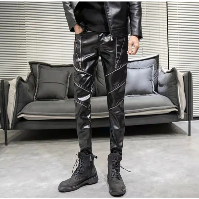 Muške kožne hlače koreanskog stila - uski kroj, srednji pojas, PU koža, proljeće 2025