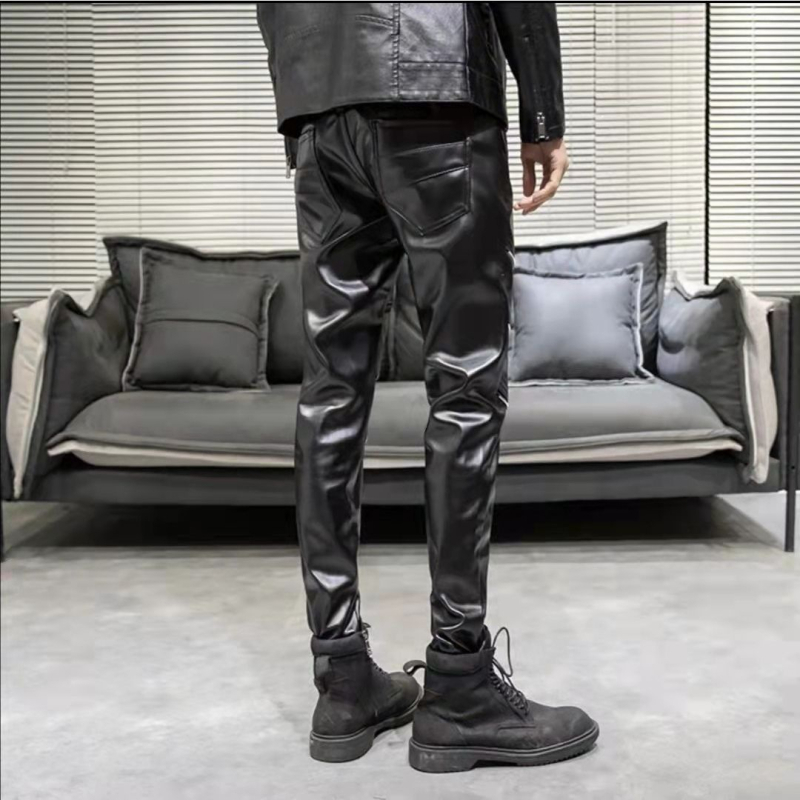 Muške kožne hlače koreanskog stila - uski kroj, srednji pojas, PU koža, proljeće 2025