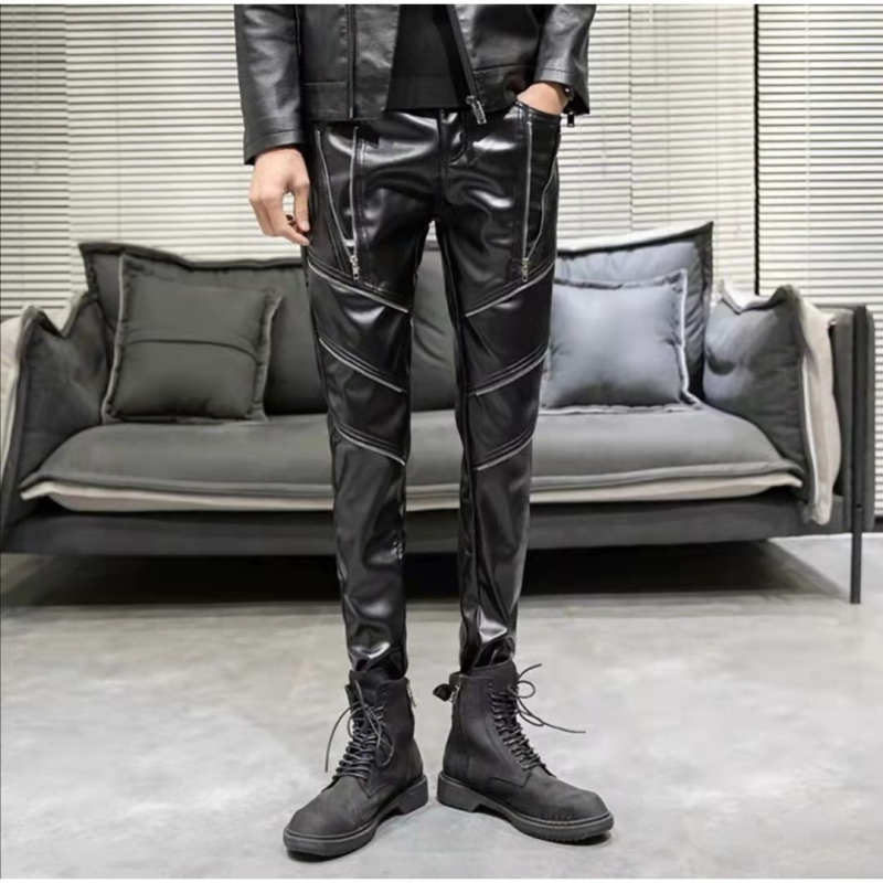 Muške kožne hlače koreanskog stila - uski kroj, srednji pojas, PU koža, proljeće 2025