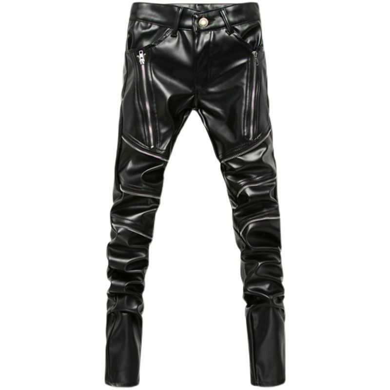 Muške kožne hlače koreanskog stila - uski kroj, srednji pojas, PU koža, proljeće 2025