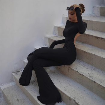 Γυναικεία ολόσωμη φόρμα χωρίς πλάτη – μακριά μανίκια, εφαρμοστό στυλ, παντελόνια καμπάνες, πολυεστέρας, γαλλικό στυλ