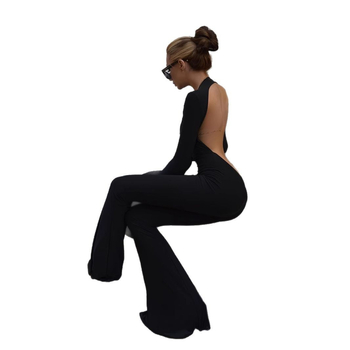 Γυναικεία ολόσωμη φόρμα χωρίς πλάτη – μακριά μανίκια, εφαρμοστό στυλ, παντελόνια καμπάνες, πολυεστέρας, γαλλικό στυλ