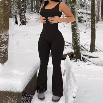 Γυναικεία ολόσωμη φόρμα γυμναστικής εξωτερικού χώρου – χωρίς μανίκια, ελαστική μέση, φαρδιά παντελόνια μέχρι τον αστράγαλο, Milk Silk, πολυεστέρας με σπαντεξ