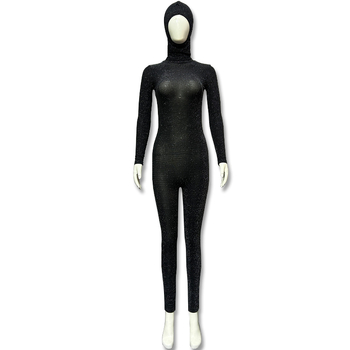 Γυναικεία ολόσωμη φόρμα με ανοιχτό πίσω, ψηλό γιακά, μακριά μανίκια, γκλίτερ λεπτομέρεια, πολυεστέρας