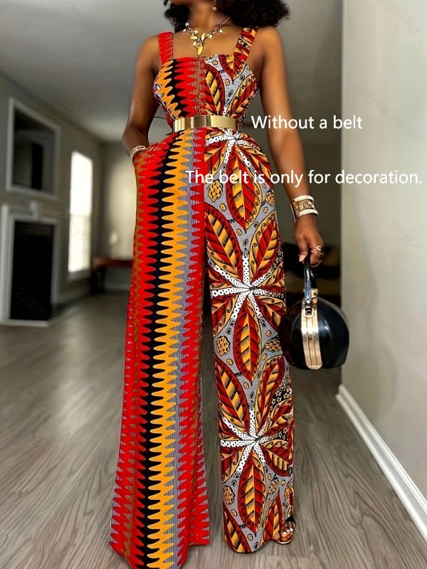 Ολόσωμη φόρμα με τιράντες, ανοιχτή πλάτη, κορδόνι μέσης, εκτύπωση, σχίσιμο, φαρδιά παντελόνια