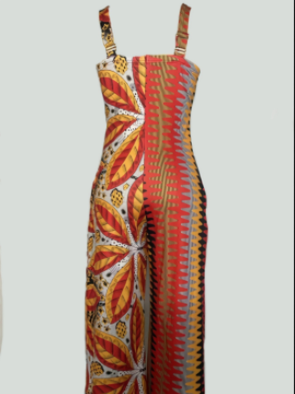 Ολόσωμη φόρμα με τιράντες, ανοιχτή πλάτη, κορδόνι μέσης, εκτύπωση, σχίσιμο, φαρδιά παντελόνια