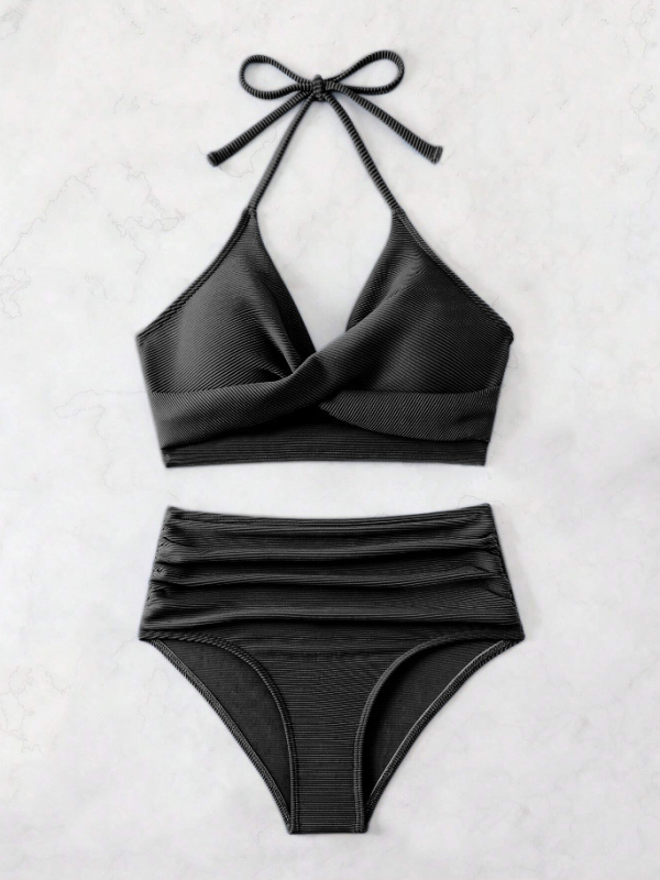 Costum de baie două piese, talie înaltă, cupă căptuțită, material poliester, căptușeală din elastan