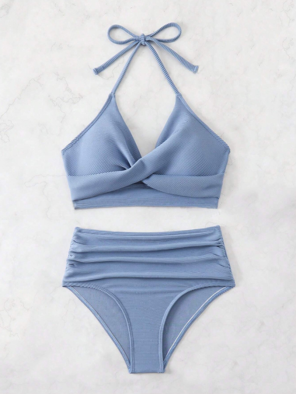 Costum de baie două piese, talie înaltă, cupă căptuțită, material poliester, căptușeală din elastan