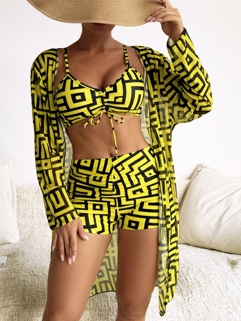 Set bikini din trei piese, imprimat, cu acoperire cu mâneci lungi, top căptușit, poliester 82% / căptușeală 18%, 180 g/m², pentru femei adulte